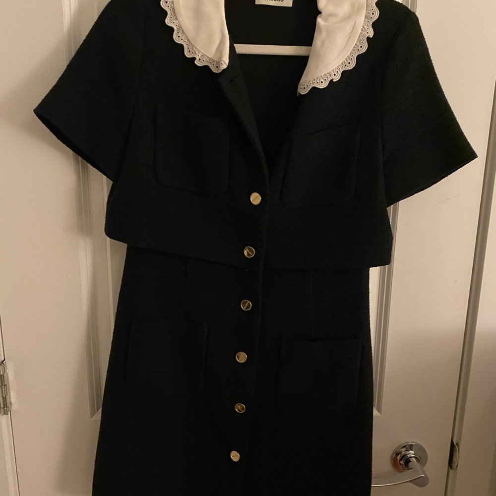 Sandro Black Dress with White Collar and Gold Buttons